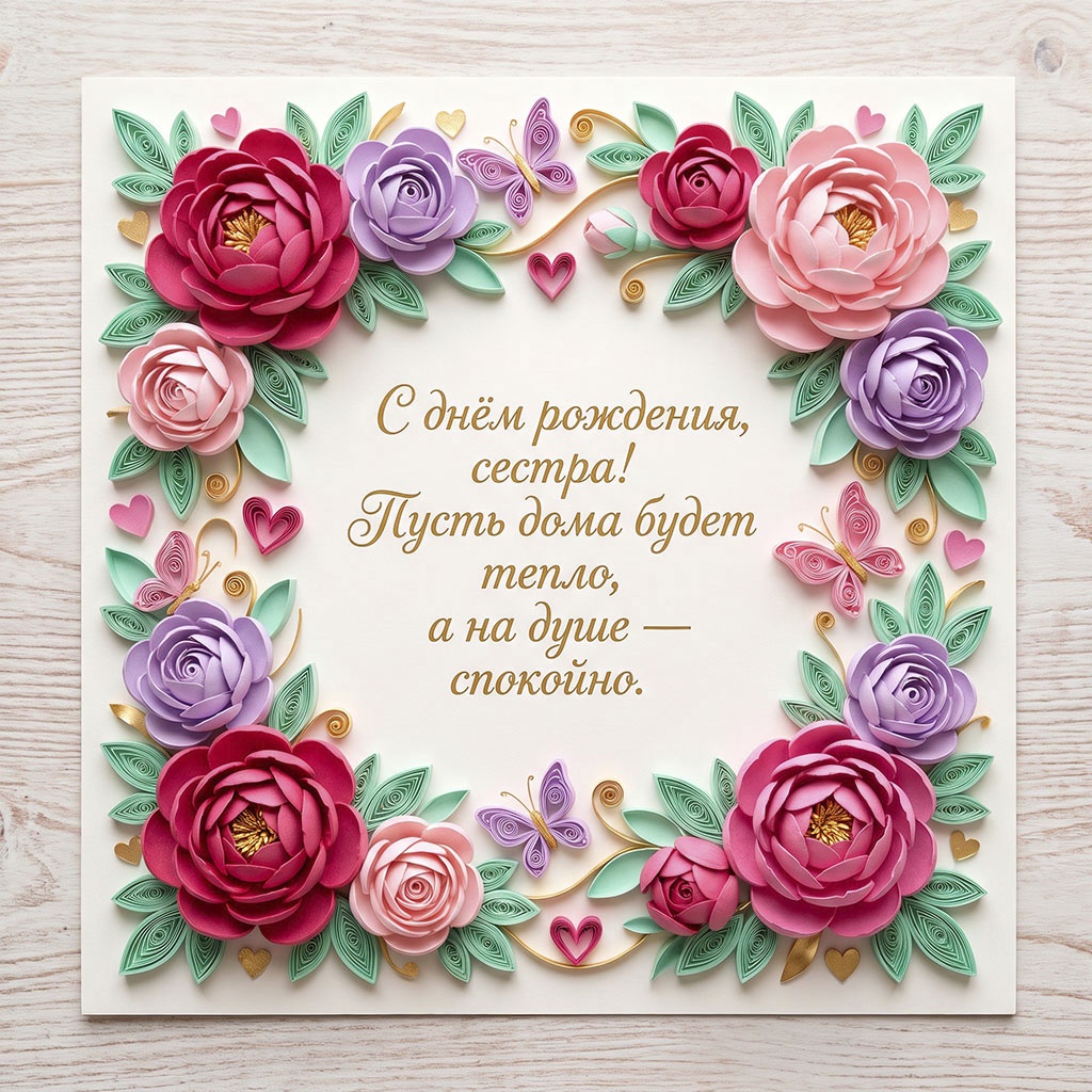Открытка с цветами в технике квиллинг и текстом "С днем рождения, сестра! Пусть дома будет тепло, а на душе - спокойно". 