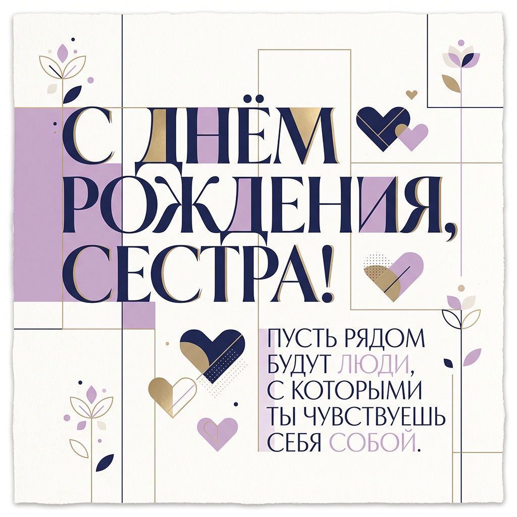 Открытка с геометрическим рисунком и поздравлением "С днем рождения, сестра! Пусть рядом будут люди, с которыми ты чувствуешь себя собой".