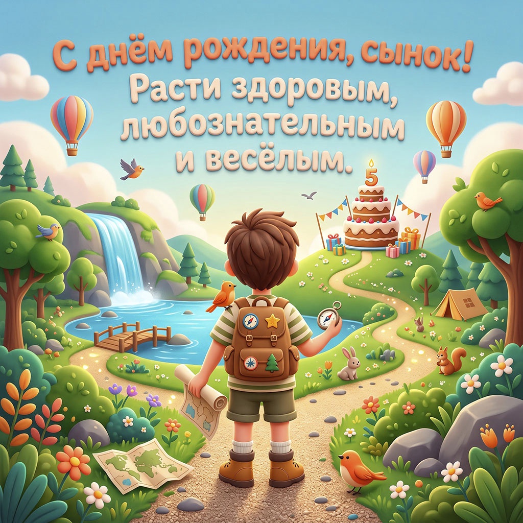 Яркая открытка с мальчиком-путешественником и текстом "С днем рождения, сынок! Расти здоровым, любознательным и веселым".