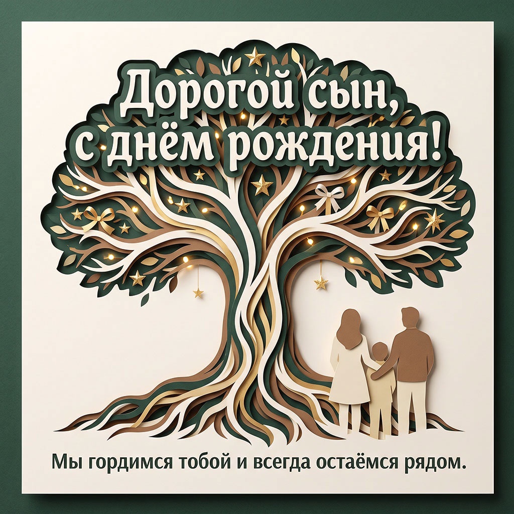 Открытка - объемная аппликация с деревом и семьей, текст "Дорогой сын, с днем рождения! Мы гордимся тобой и всегда остаемся рядом". 