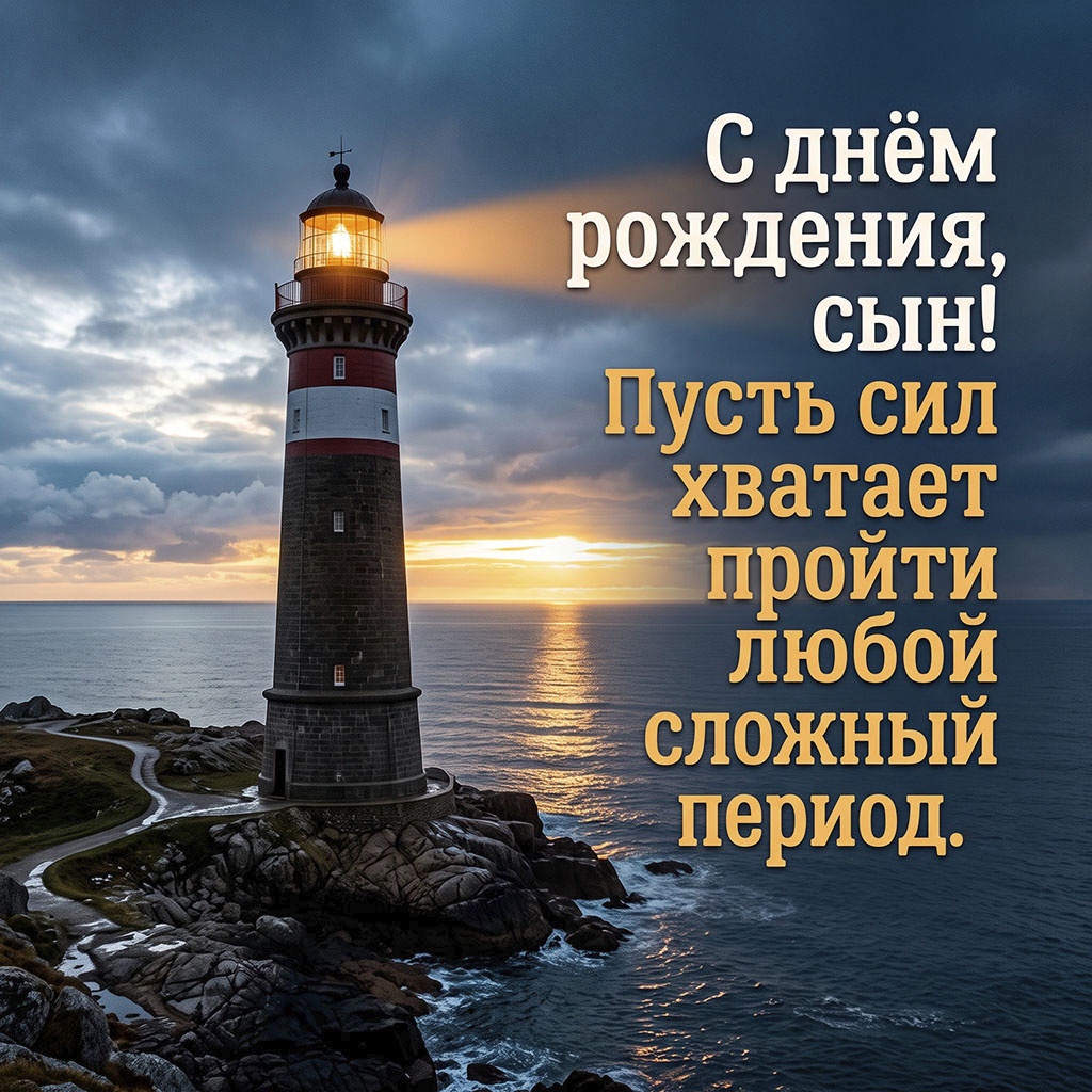 Открытка с маяком и текстом "С днем рождения, сын! Пусть сил хватает пройти любой сложный период".