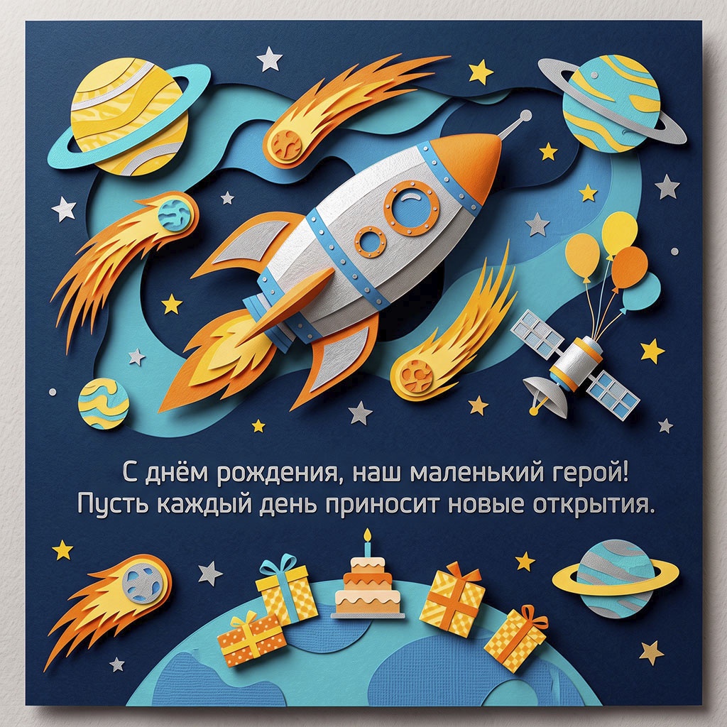 Космическая открытка с бумажной аппликацией и текстом "С днем рождения, наш маленький герой! Пусть каждый день приносит новые открытия".