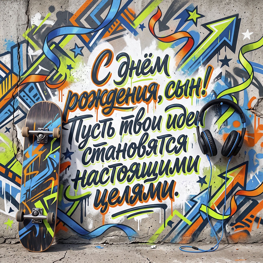 Граффити-открытка со скейтбордом и текстом "С днем рождения, сын! Пусть твои идеи становятся настоящими целями".
