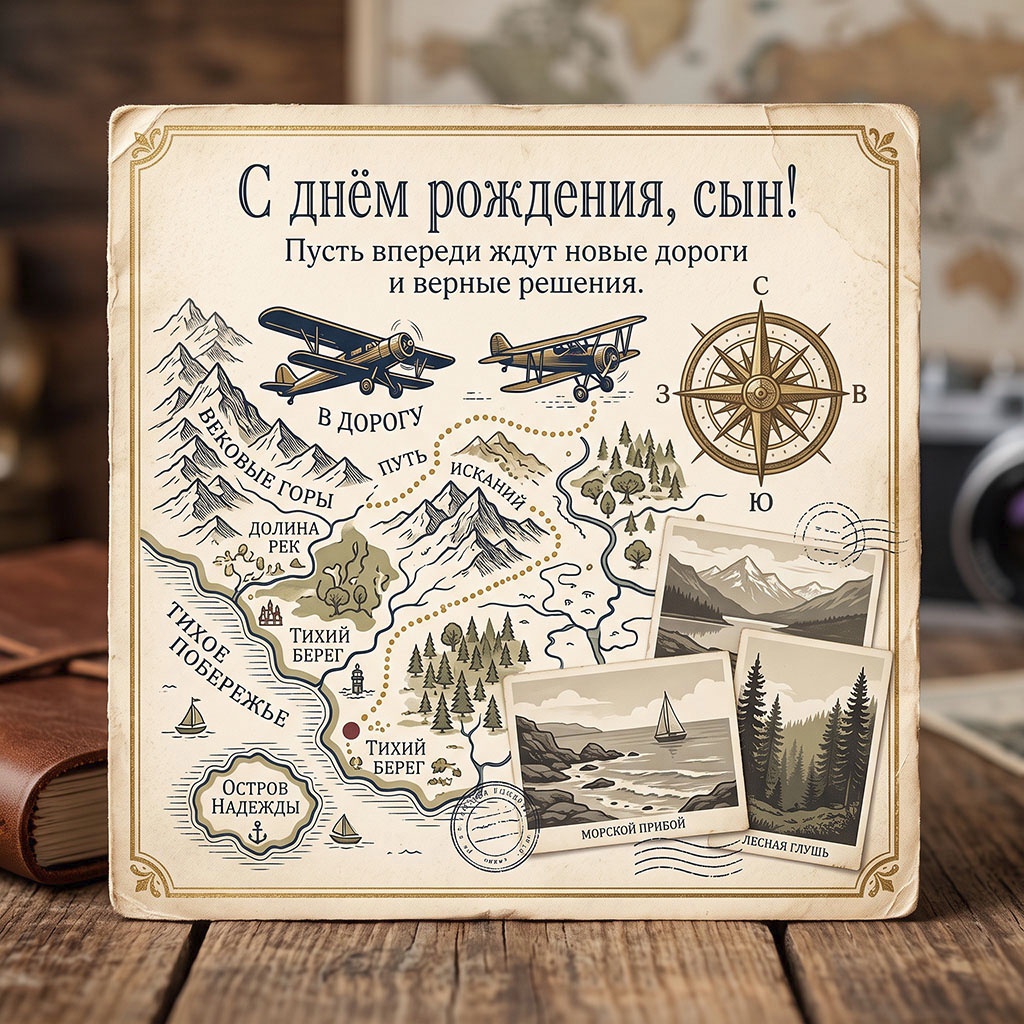 Открытка-карта с поздравлением "С днем рождения, сын! Пусть впереди ждут новые дороги и верные решения".