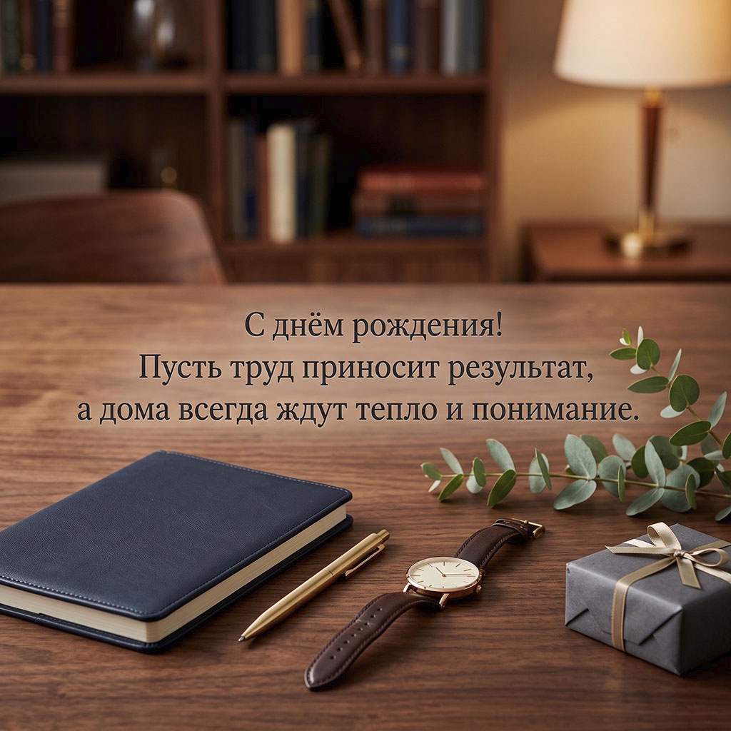 Открытка с рабочим столом, стильными аксессуарами и пожеланием "С днем рождения! Пусть труд приносит результат, а дома всегда ждут тепло и понимание".