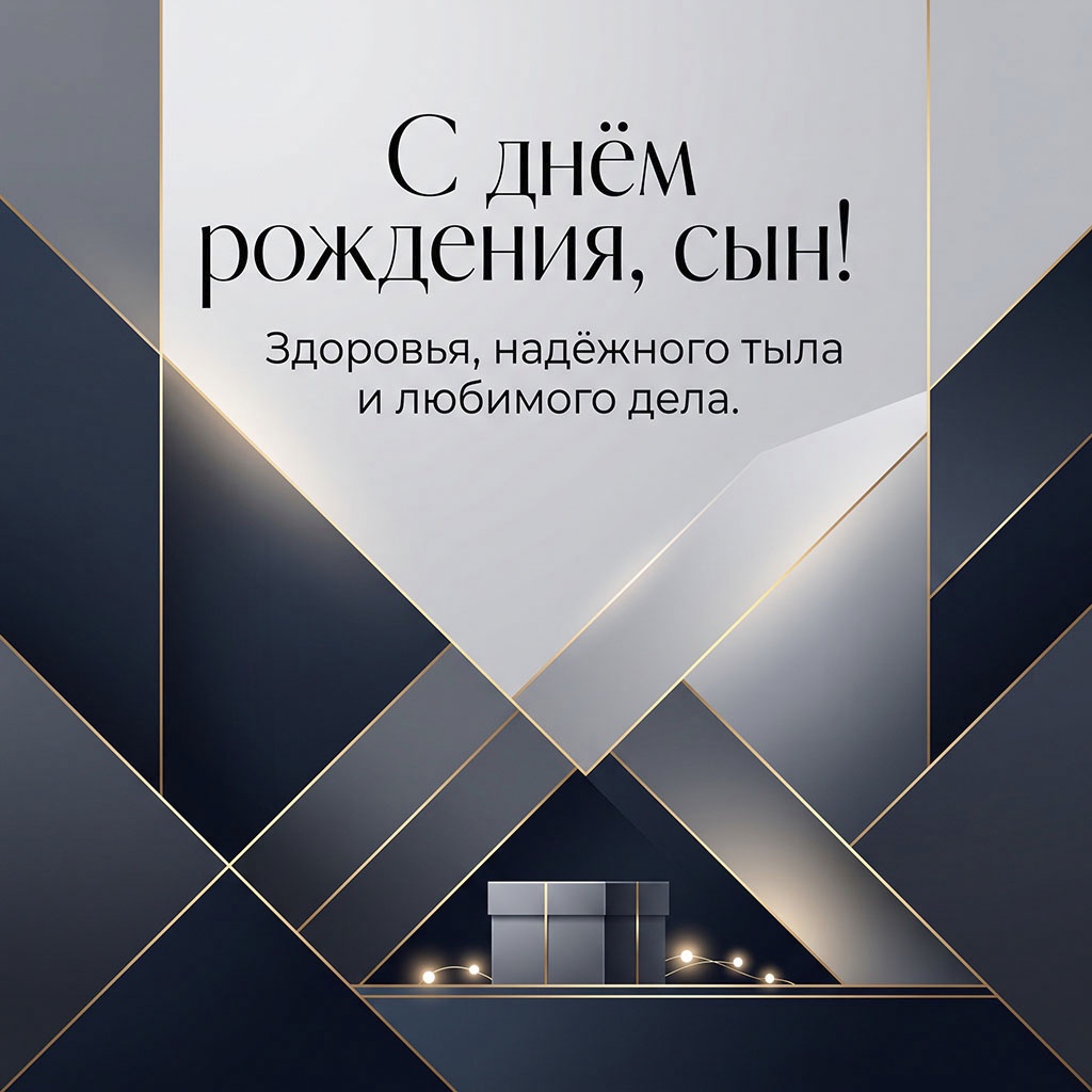 Открытка с геометрическим рисунком с текстом "С днем рождения, сын! Здоровья, надежного тыла и любимого дела".