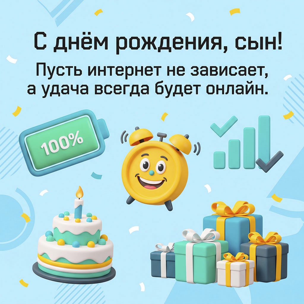 Веселая открытка с 3D-элементами и текстом "С днем рождения, сын! Пусть интернет не зависает, а удача всегда будет онлайн".