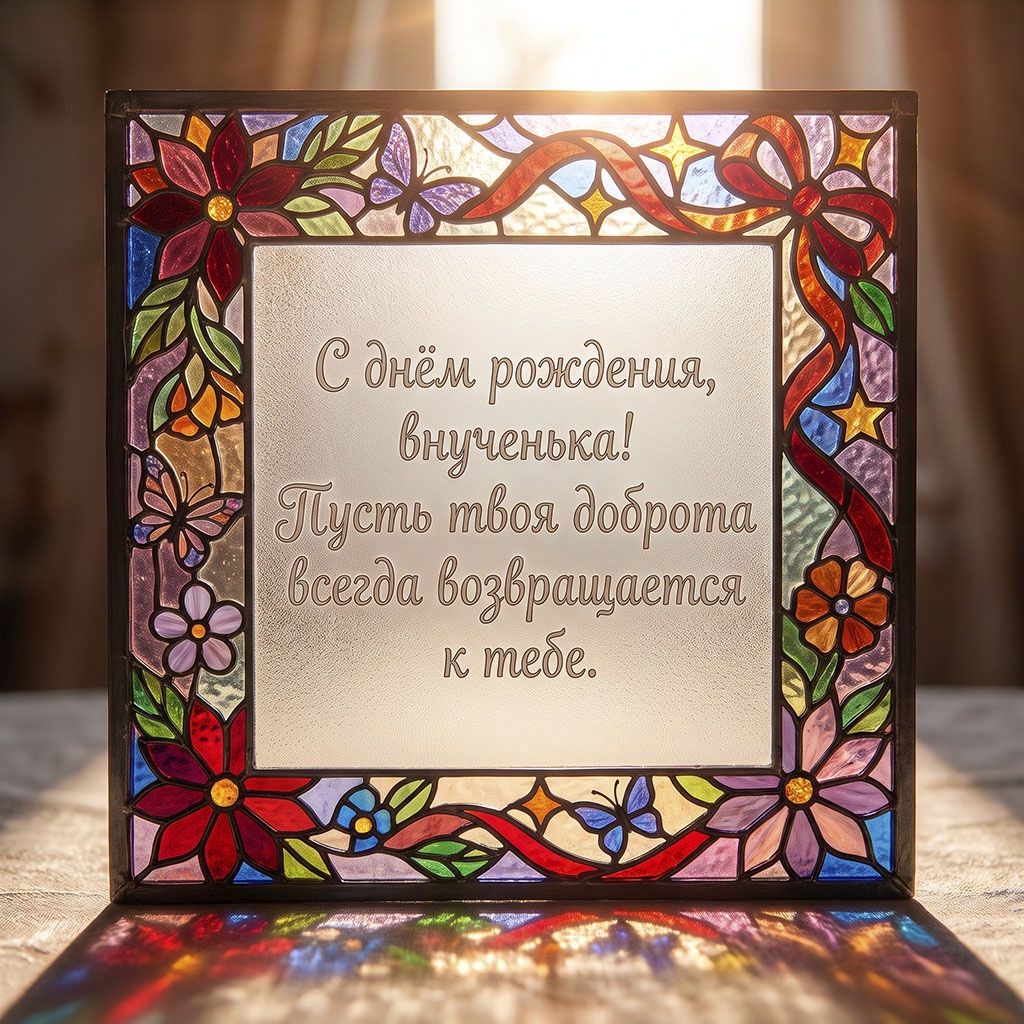 Витражная открытка с текстом "С днем рождения, внученька! Пусть твоя доброта всегда возвращается к тебе".