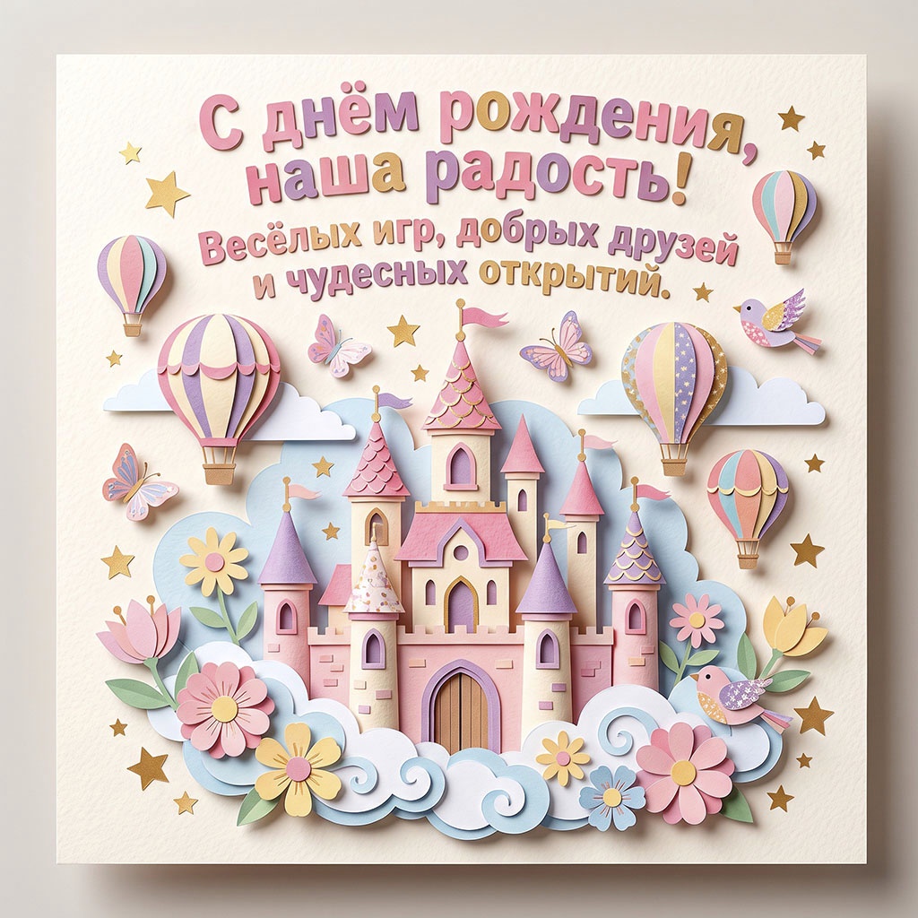 Открытка с замком и текстом "С днем рождения, наша радость! Веселых игр, добрых друзей и чудесных открытий".