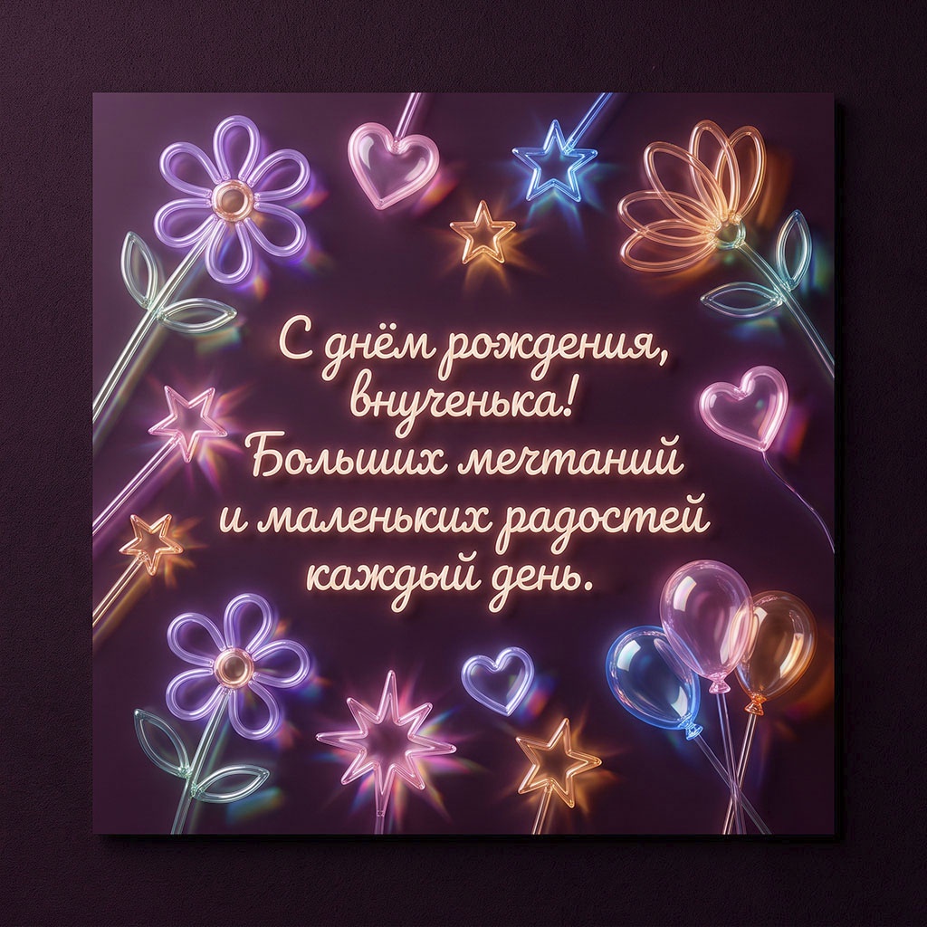 Неоновая открытка с текстом "С днем рождения, внученька! Больших мечтаний и маленьких радостей каждый день".