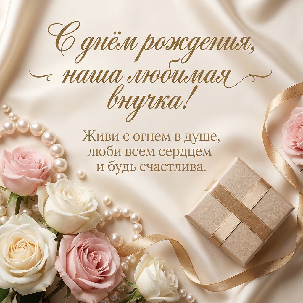 Открытка с розами и текстом "С днем рождения, наша любимая внучка! Живи с огнем в душе, люби всем сердцем и будь счастлива".