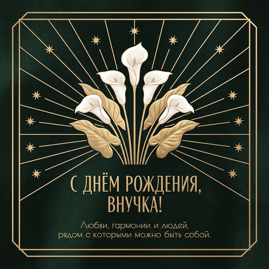 Открытка с каллами и текстом "С днем рождения, внучка! Любви, гармонии и людей, рядом с которыми можно быть собой".