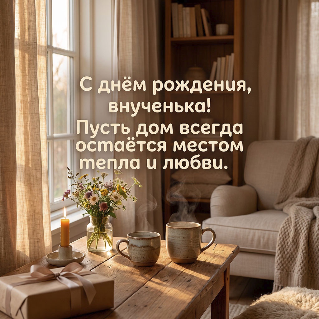 Открытка с уютным интерьером и текстом "С днем рождения, внученька! Пусть дом всегда остается местом тепла и любви".