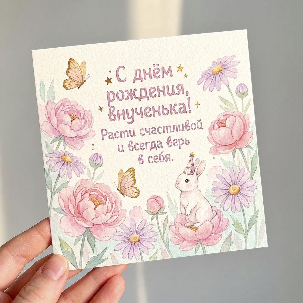 Открытка акварельная с зайчиком и текстом "С днем рождения, внученька! Расти счастливой и всегда верь в себя".