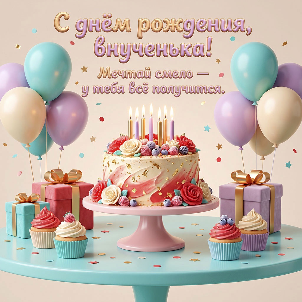 Открытка с тортом и текстом "С днем рождения, внученька! Мечтай смело - у тебя все получится".