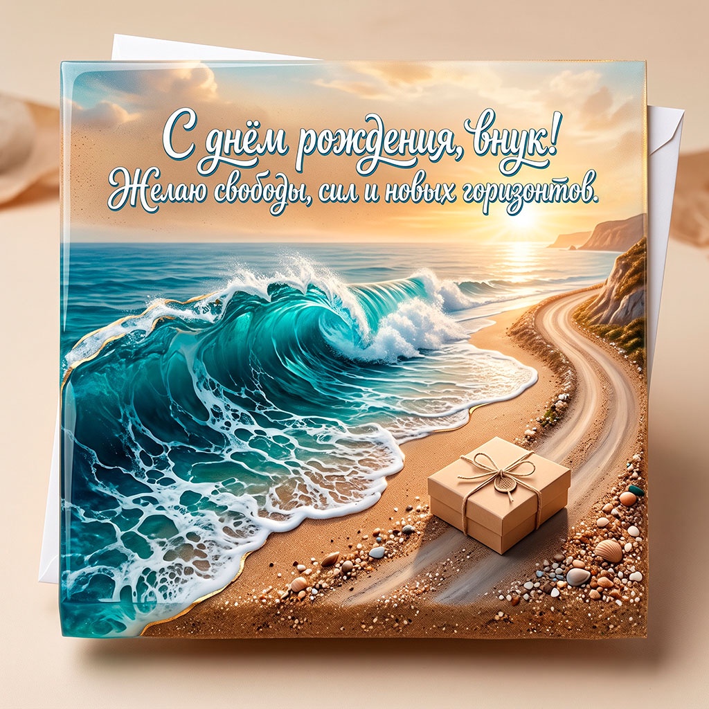 Открытка с морем, песчаным берегом и текстом поздравления "С днем рождения, внук! Желаю свободы, сил и новых горизонтов". 