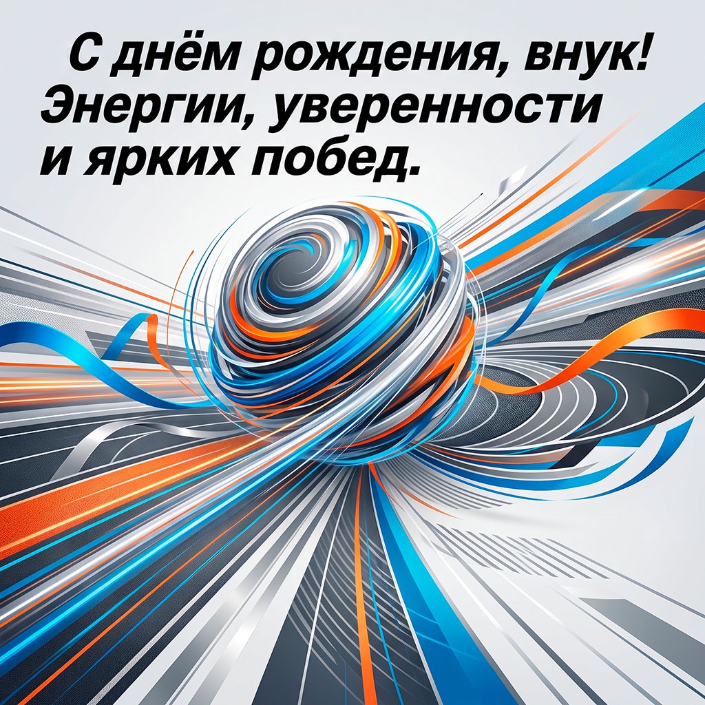 Открытка с динамикой, яркими красками и текстом "С днем рождения, внук! Энергии, уверенности и ярких побед".
