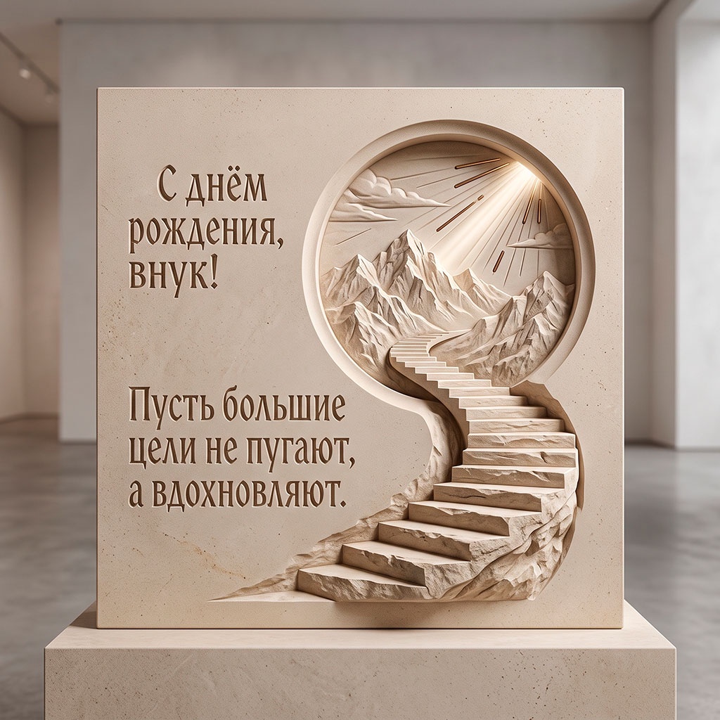 Каменная открытка с объемной лестницей, уходящей в горы, с текстом поздравления "С днем рождения, внук! Пусть большие цели не пугают, а вдохновляют".