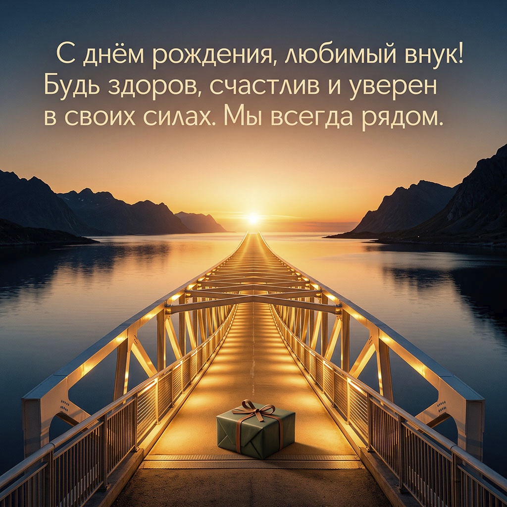 Открытка с мостом на рассвете и текстом поздравления "С днем рождения, любимый внук! Будь здоров, счастлив и уверен в своих силах. Мы всегда рядом".