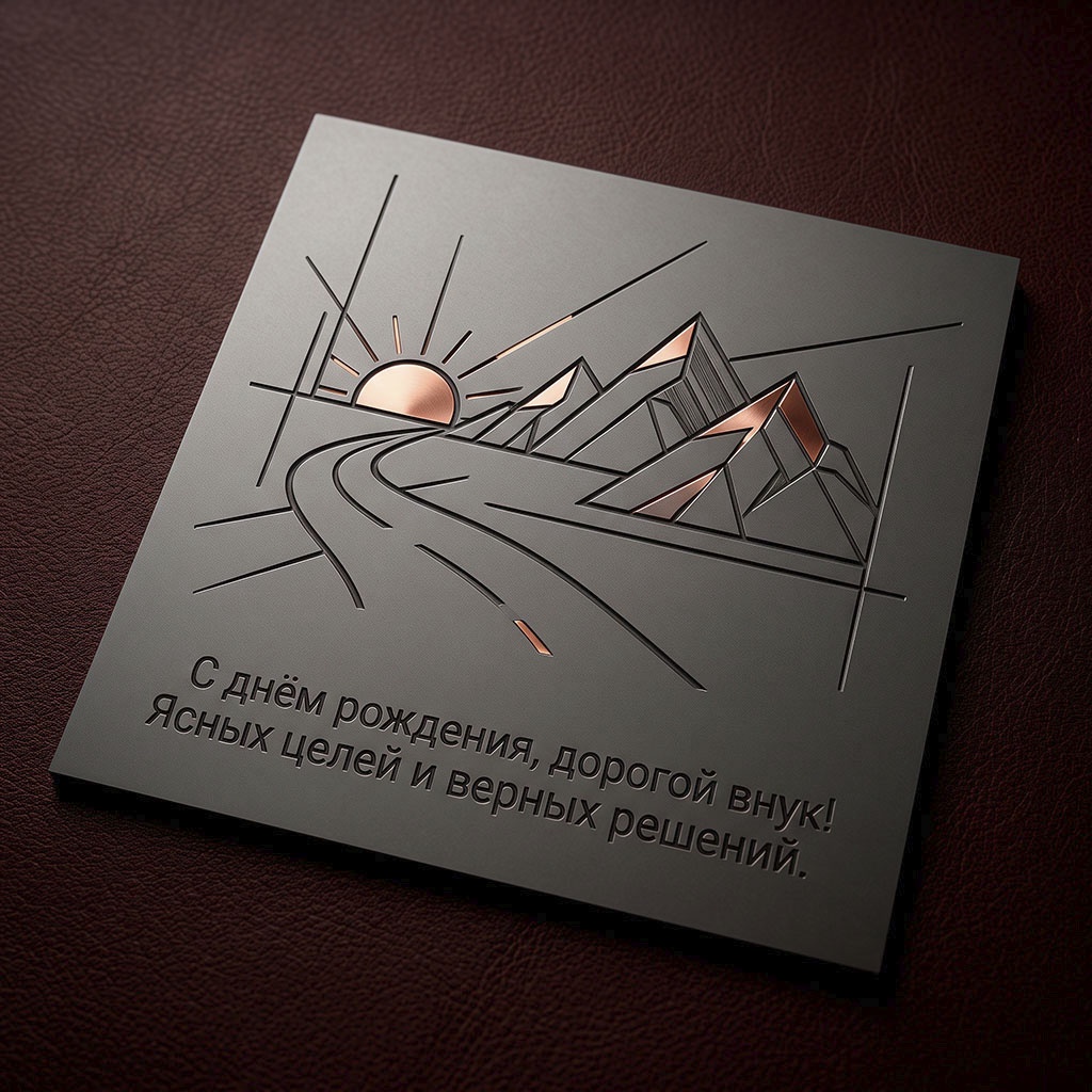 Открытка с горами и текстом "С днем рождения, дорогой внук! Ясных целей и верных решений".