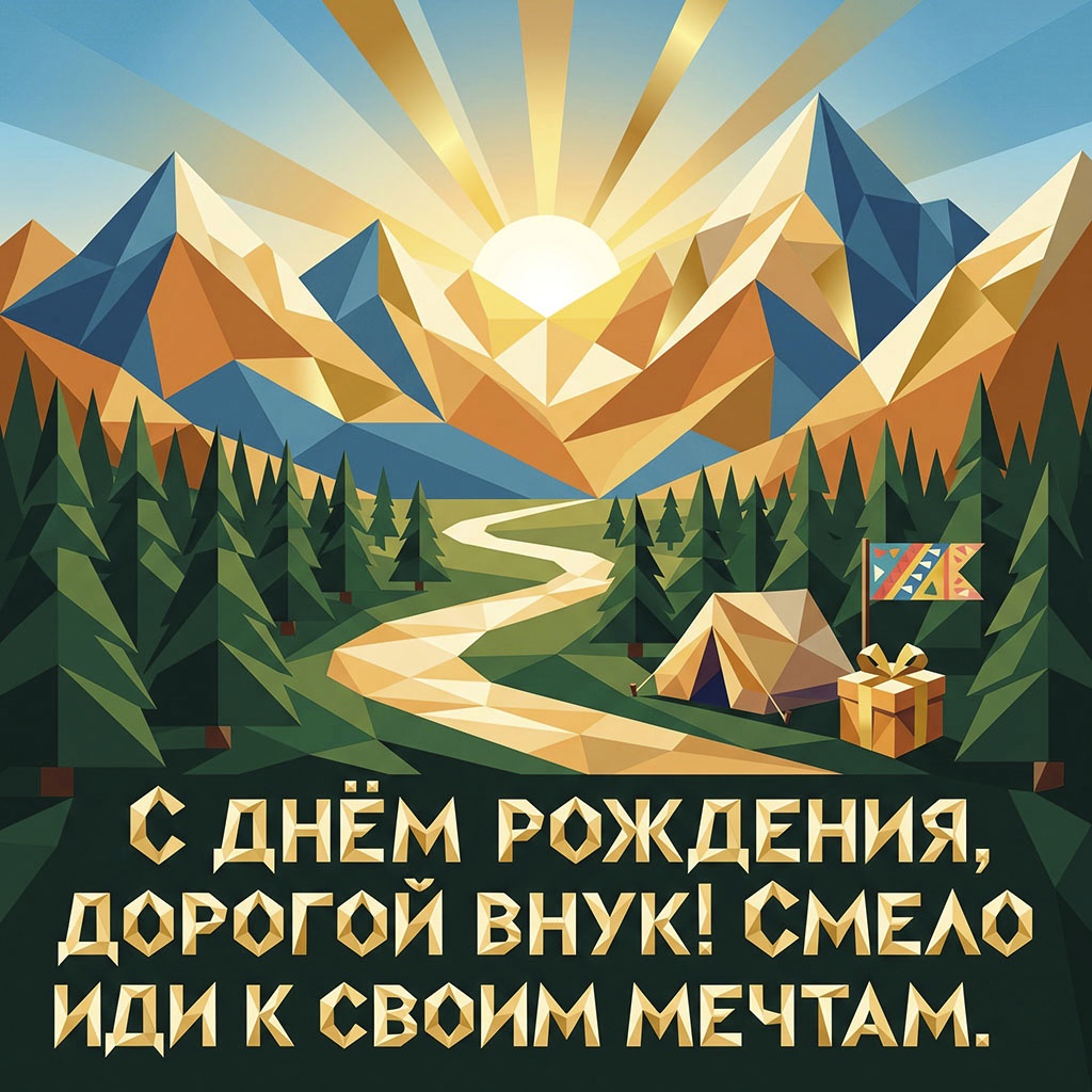 Открытка с горами и текстом поздравления "С днем рождения, дорогой внук! Смело иди к своим мечтам".