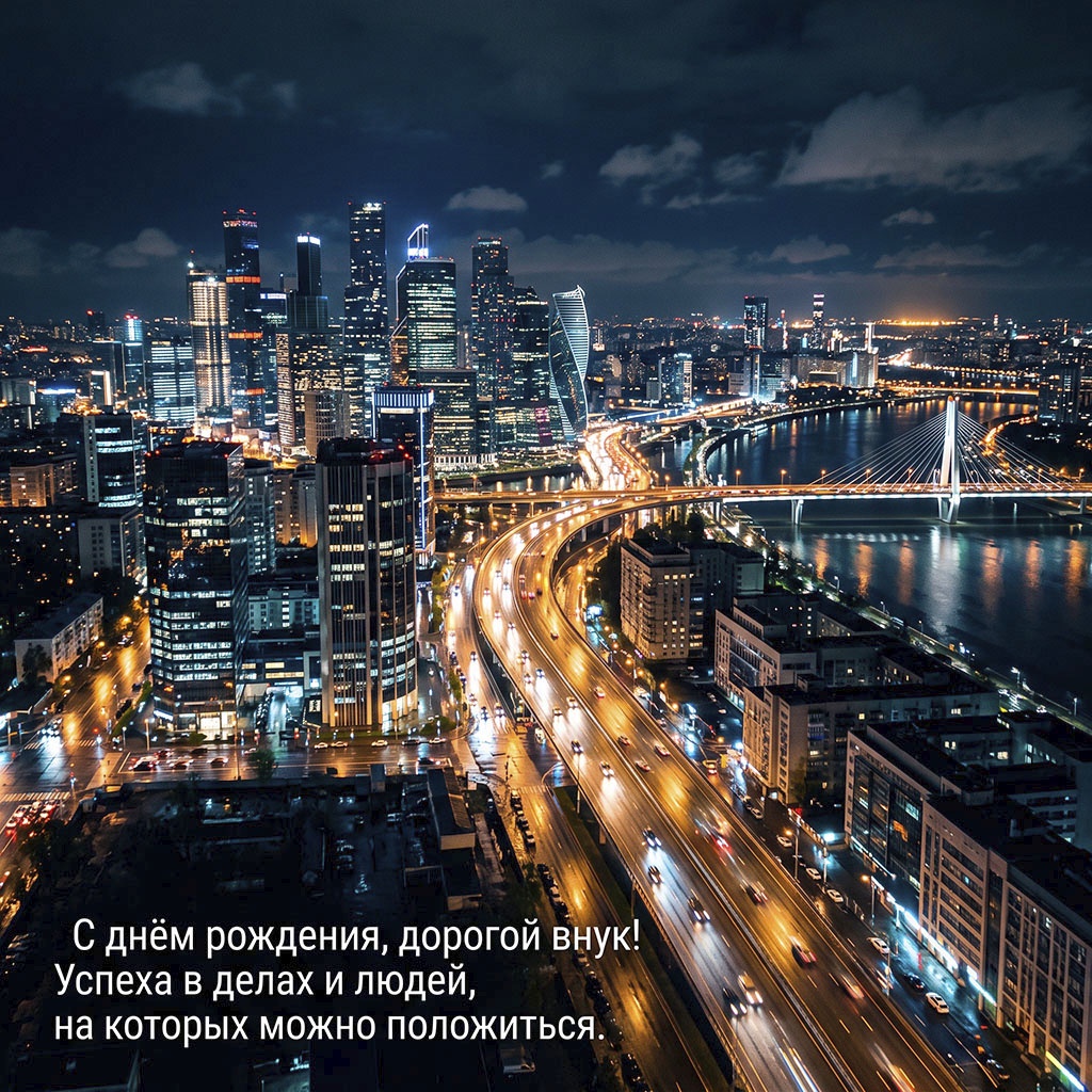 Открытка с пейзажем ночного города и текстом "С днем рождения, дорогой внук! Успеха в делах и людей, на которых можно положиться".