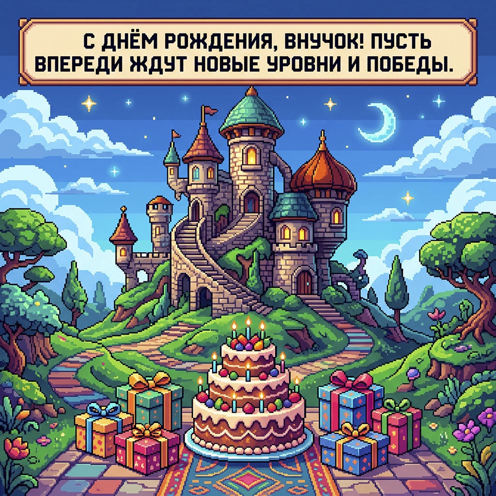 Пиксельная открытка с текстом "С днем рождения, внучок! Пусть впереди ждут новые уровни и победы".