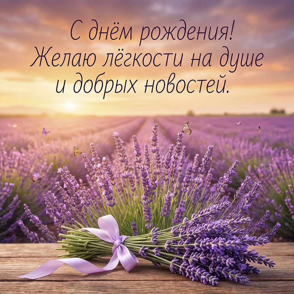 Открытка с лавандовым полем и текстом "С днем рождения! Желаю легкости на душе и добрых новостей".