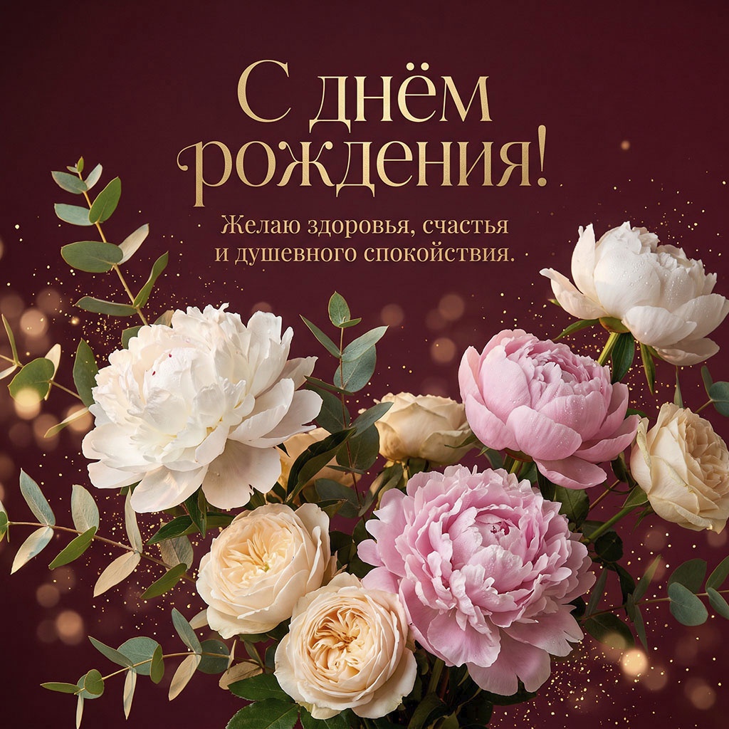 Открытка с пионами и текстом "С днем рождения! Желаю здоровья, счастья и душевного спокойствия".
