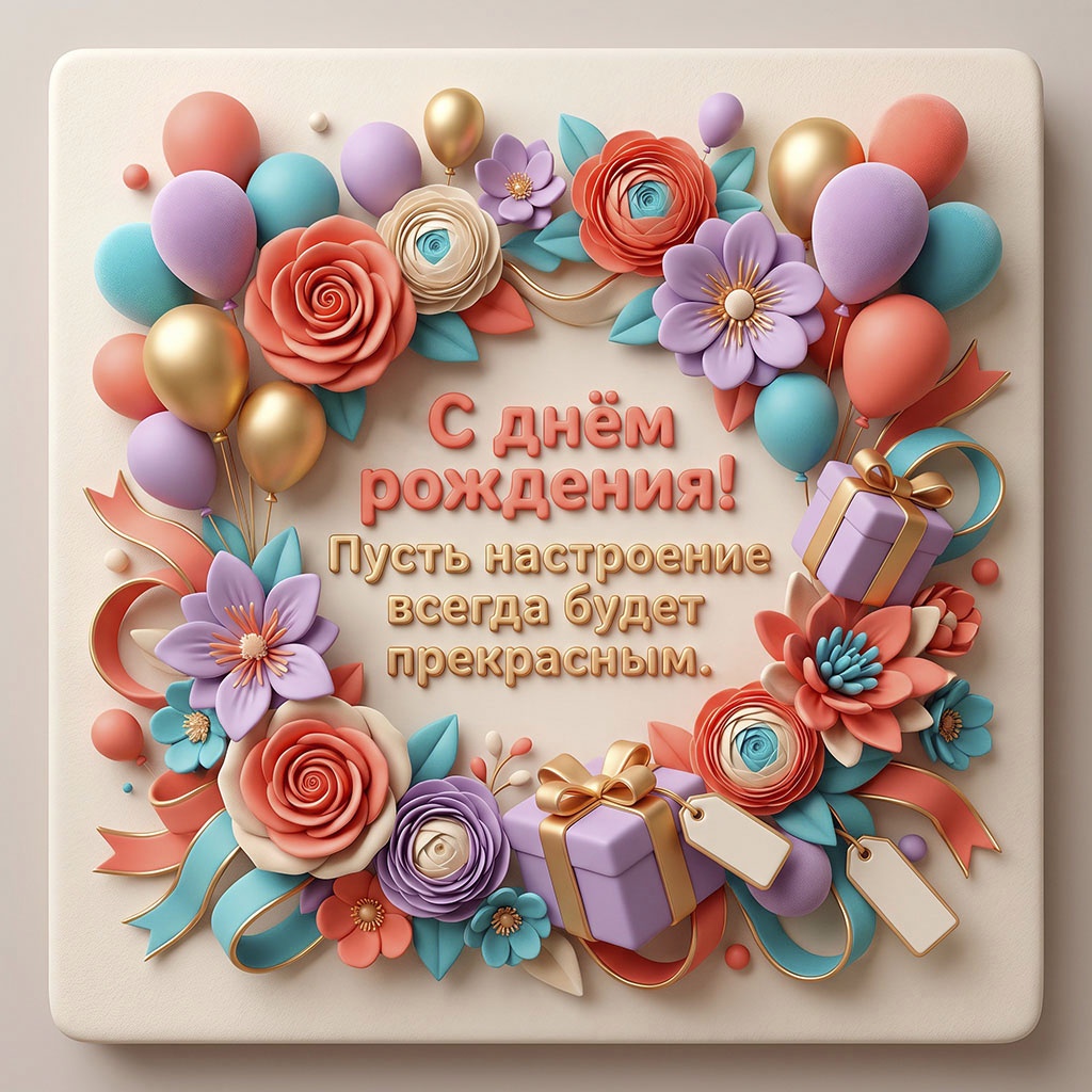 Открытка с цветами и текстом "С днем рождения! Пусть настроение всегда будет прекрасным".