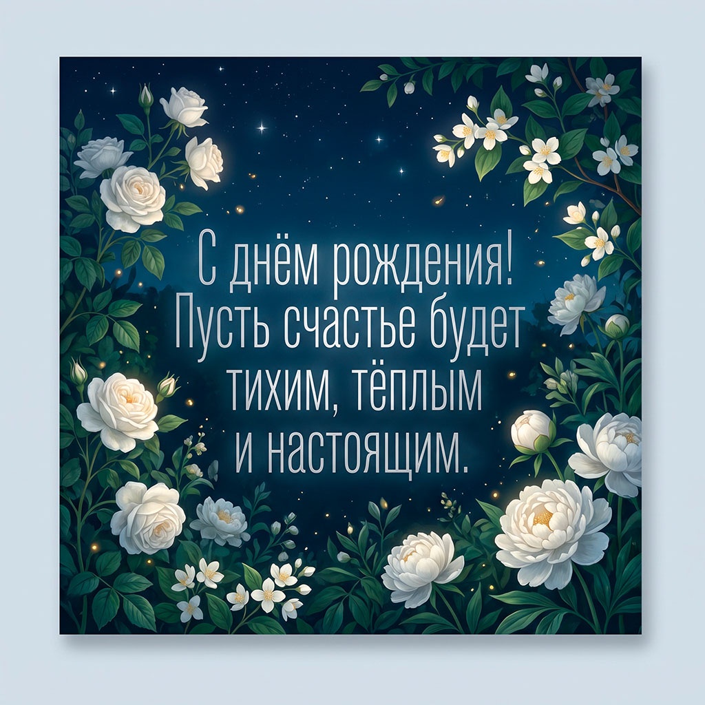 Открытка с белыми цветами ночью и текстом "С днем рождения! Пусть счастье будет тихим, теплым и настоящим".