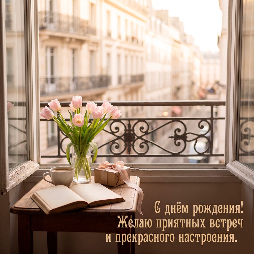 Открытка с тюльпанами у открытого окна и текстом "С днем рождения! Желаю приятных встреч и прекрасного настроения".