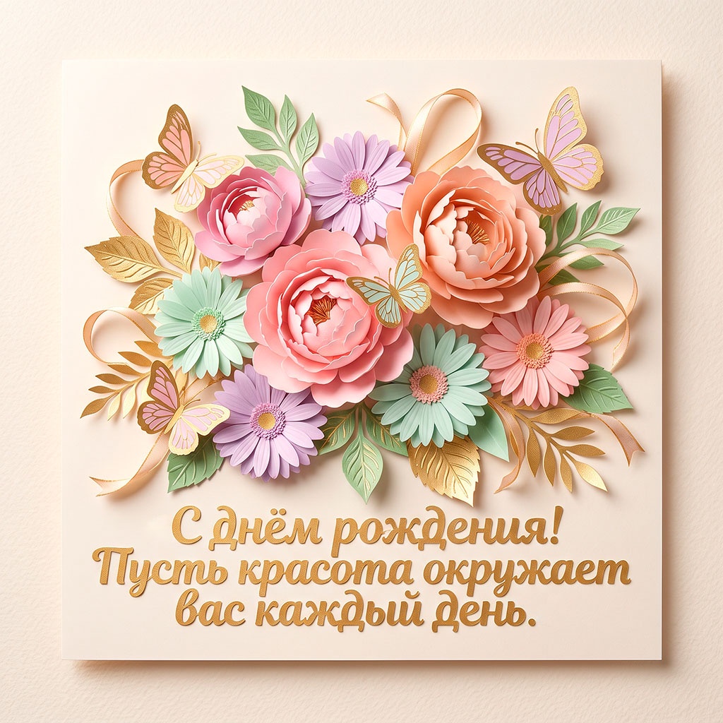 Открытка с бумажными цветами и текстом "С днем рождения! Пусть красота окружает вас каждый день".