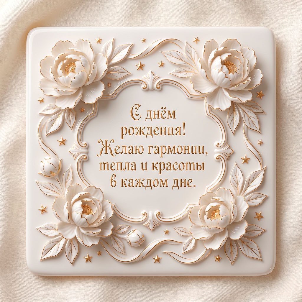 Белая рельефная открытка с цветами и текстом "С днем рождения! Желаю гармонии, тепла и красоты в каждом дне".