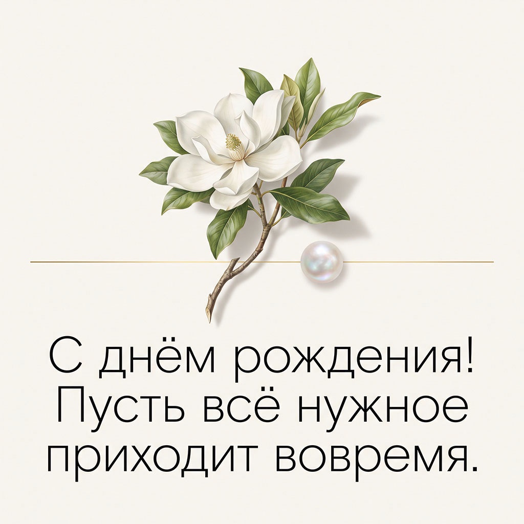 Открытка с цветком магнолии, жемчужиной и текстом "С днем рождения! Пусть все нужное приходит вовремя". 