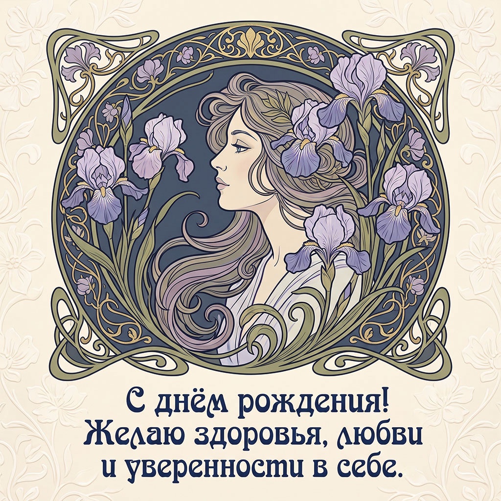 Открытка в стиле модерн с портретом и текстом "С днем рождения! Желаю здоровья, любви и уверенности в себе".