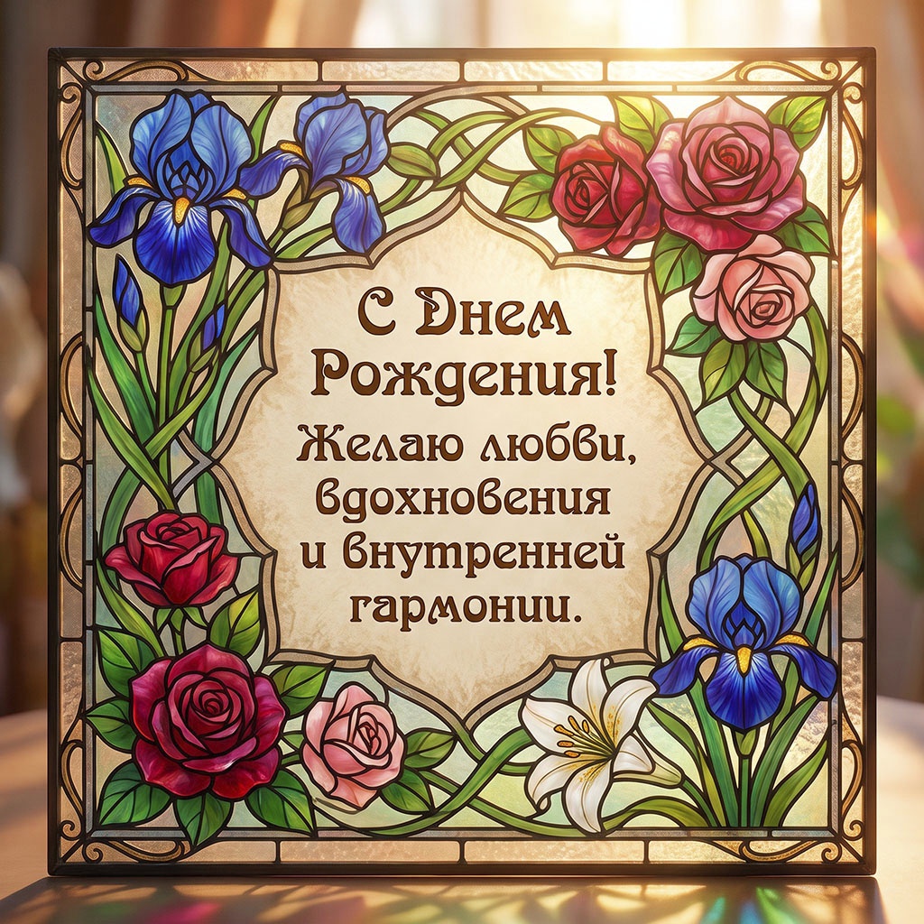Витражная открытка с цветами и текстом "С днем рождения! Желаю любви, вдохновения и внутренней гармонии".