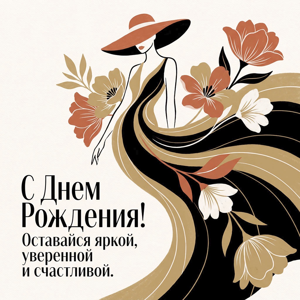 Открытка с женским силуэтом и текстом "С днем рождения! Оставайся яркой, уверенной и счастливой".