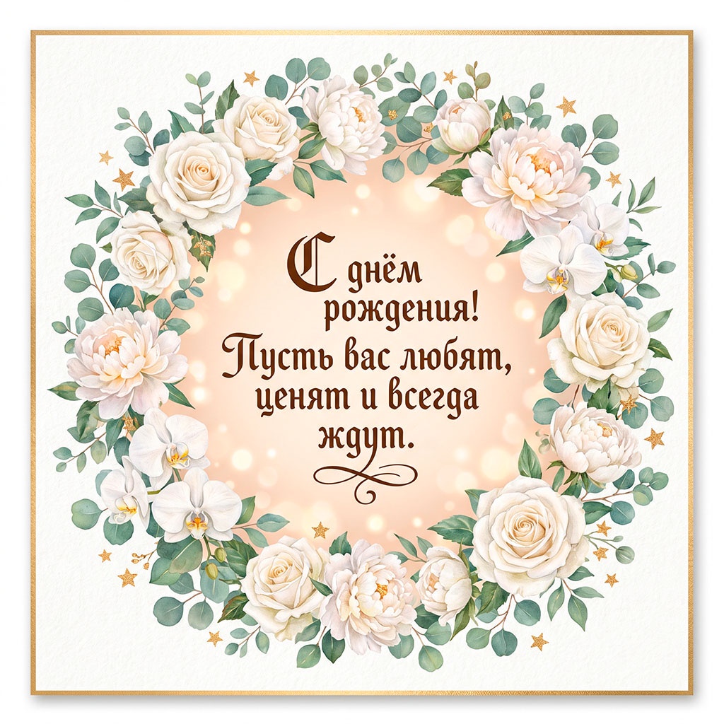 Открытка с цветочным венком и текстом "С днем рождения! Пусть вас любят, ценят и всегда ждут".