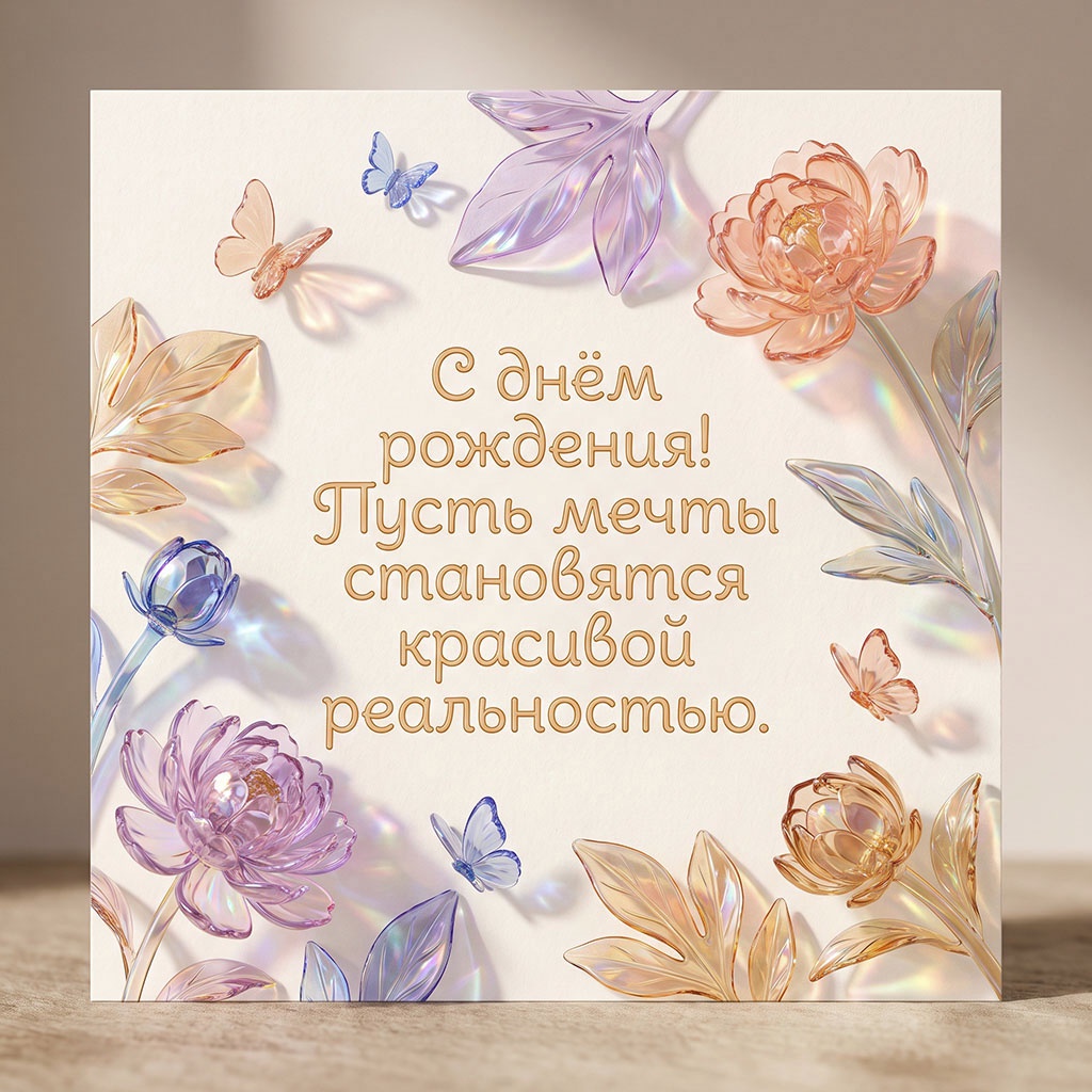 Открытка с хрустальными цветами и текстом "С днем рождения! Пусть мечты становятся красивой реальностью".