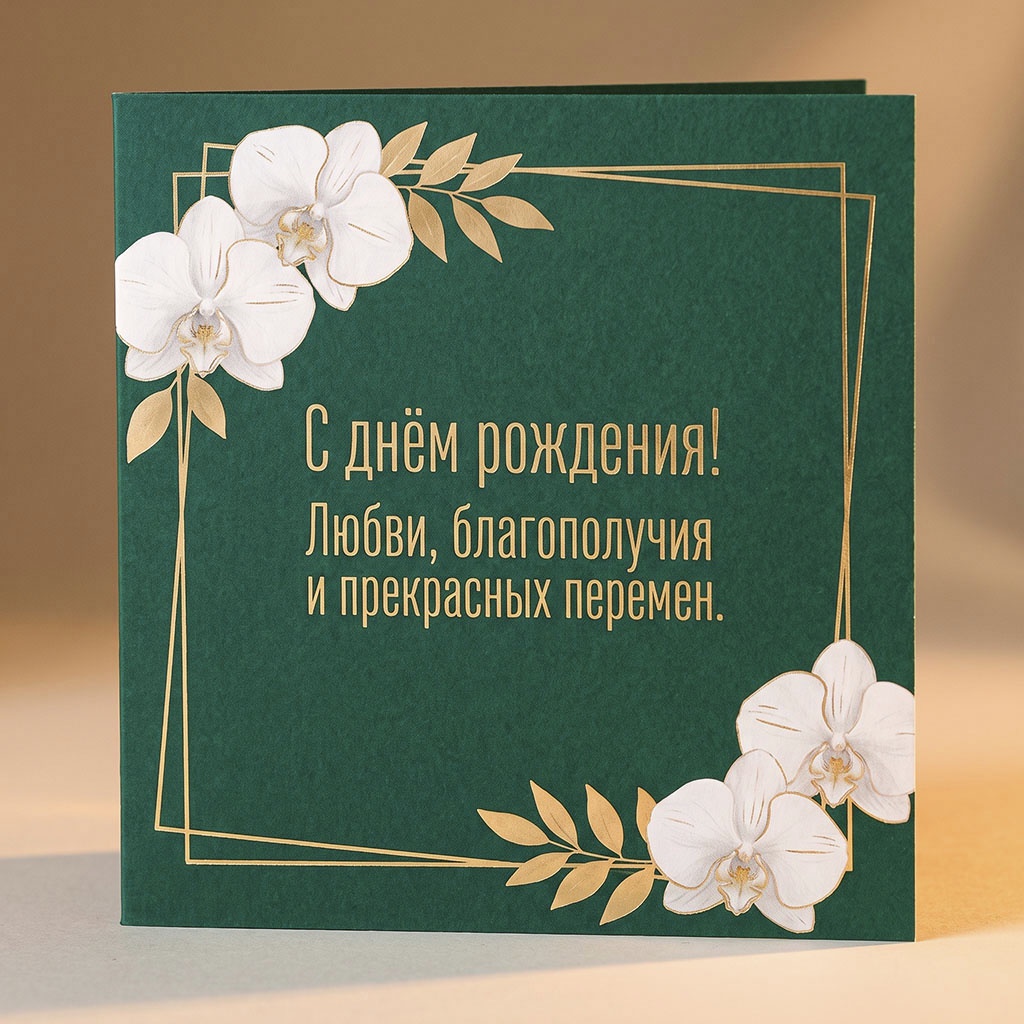 Открытка с орхидеями и текстом "С днем рождения! Любви, благополучия и прекрасных перемен".