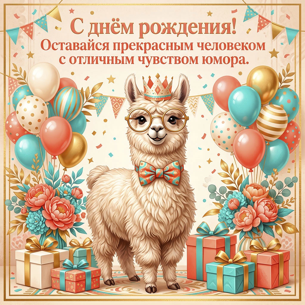 Открытка с ламой в короне и текстом "С днем рождения! Оставайся прекрасным человеком с отличным чувством юмора".