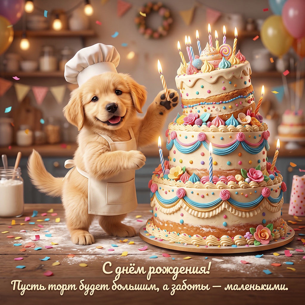 Смешная открытка со щенком-поваром и текстом "С днем рождения! Пусть торт будет большим, а заботы - маленькими".
