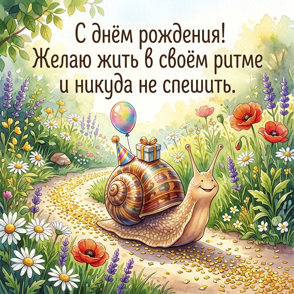 Милая открытка с улиткой и текстом "С днем рождения! Желаю жить в своем ритме и никуда не спешить".