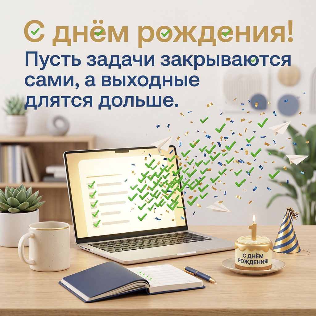 Открытка с ноутбуком и галочками выполненных задач, текст "С днем рождения! Пусть задачи закрываются сами, а выходные длятся дольше".
