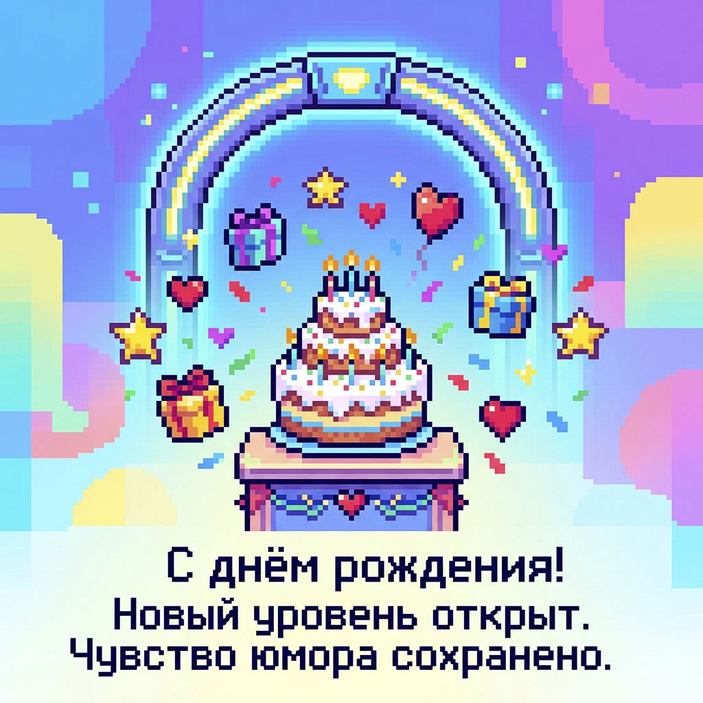 Пиксельная открытка с тортом под аркой и текстом "С днем рождения! Новый уровень открыт. Чувство юмора сохранено".