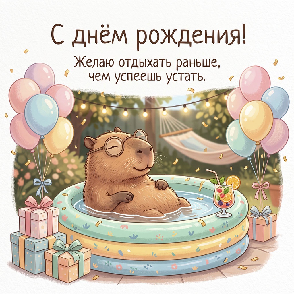 Открытка с капибарой в бассейне и текстом "С днем рождения! Желаю отдыхать раньше, чем успеешь устать".