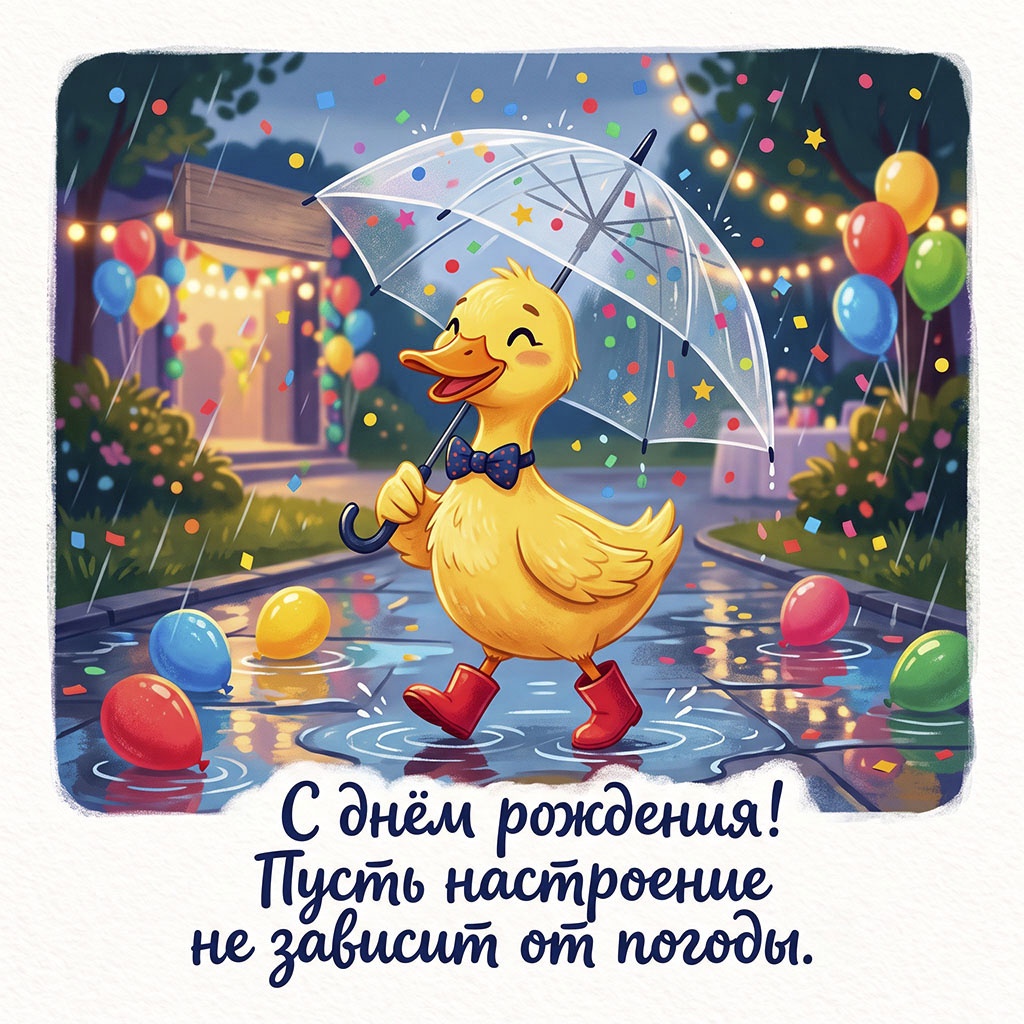 Открытка с утенком под зонтиком и текстом "С днем рождения! Пусть настроение не зависит от погоды".