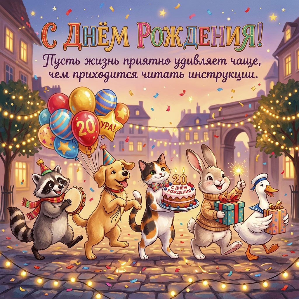 Открытка с празднующими животными и текстом "С днем рождения! Пусть жизнь приятно удивляет чаще, чем приходится читать инструкции".