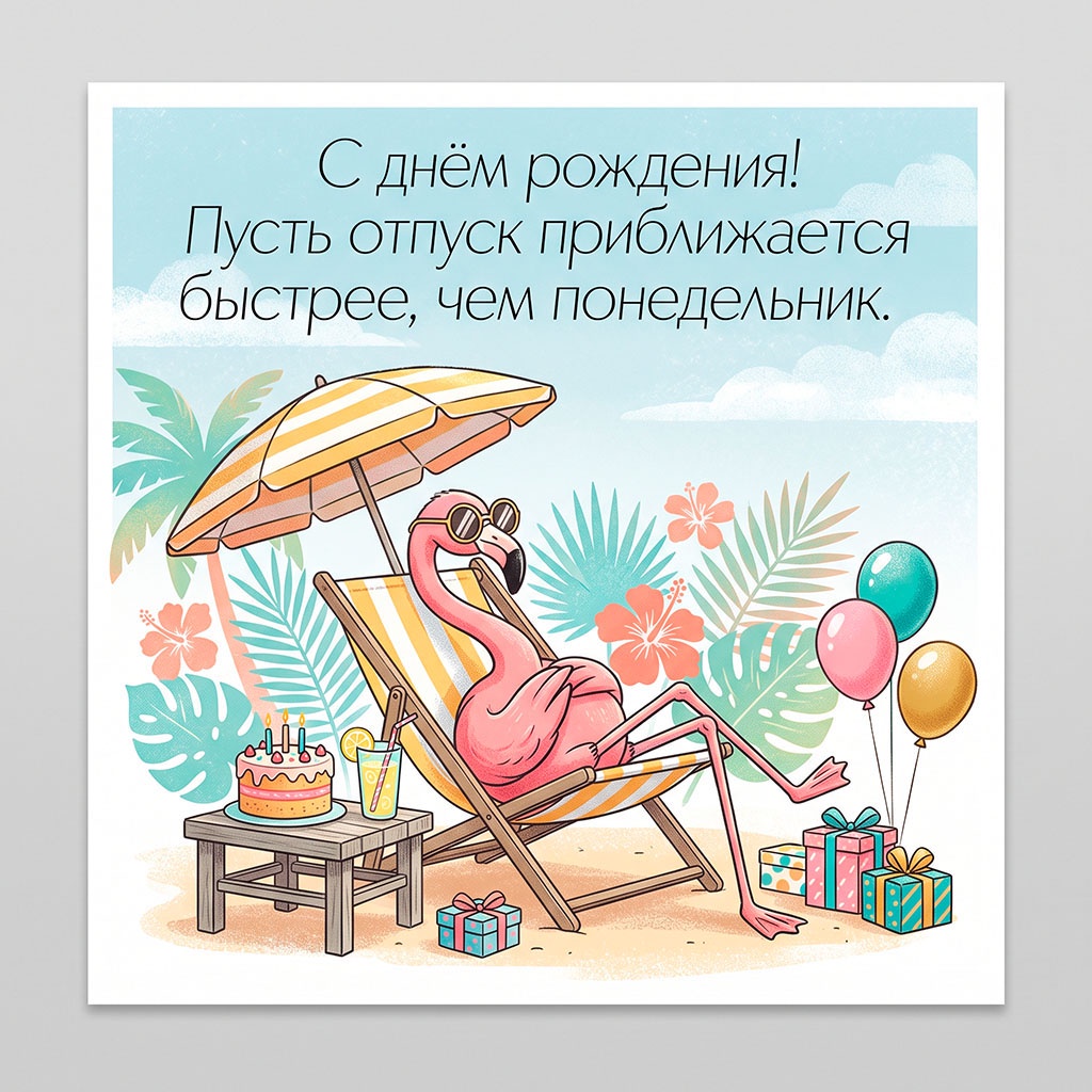 Открытка с фламинго на отдыхе и текстом "С днем рождения! Пусть отпуск приближается быстрее, чем понедельник".